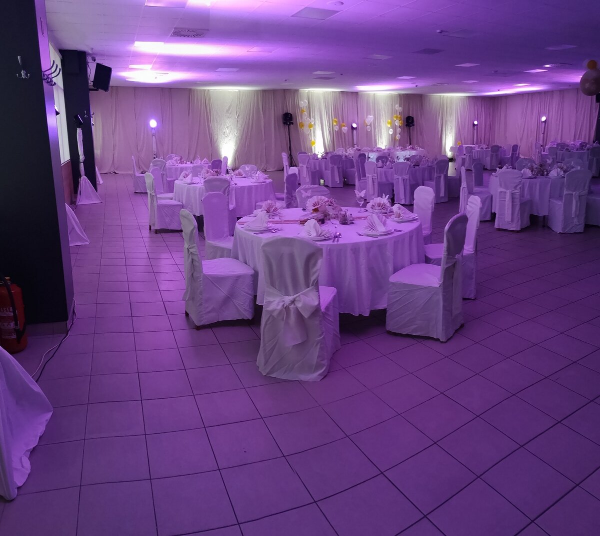 Ljubičasta ambijentalna rasvjeta sala za svadbe stolovi